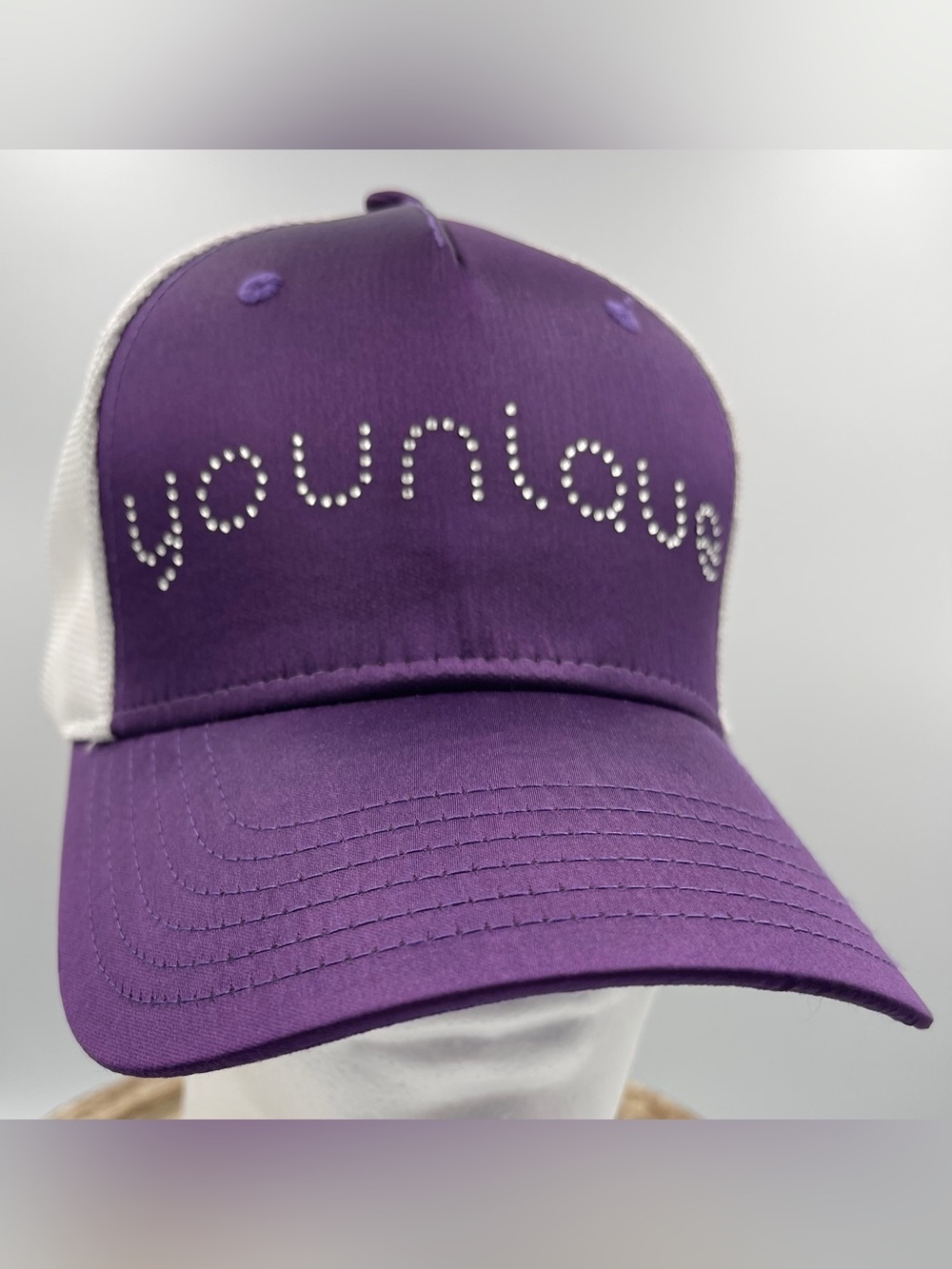 Women’s Younique Truckers Hat Purple & White W/Rhinestones Adjustable NWOT